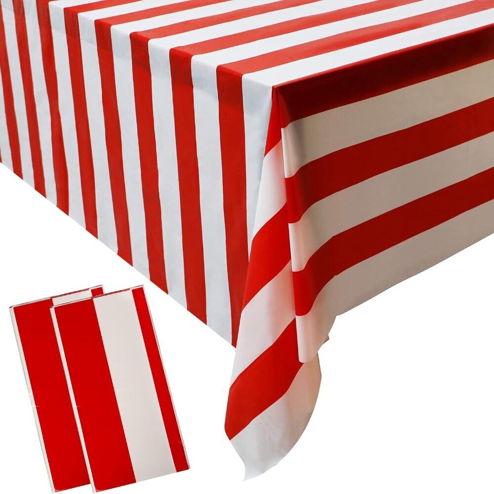 2 Pieces Red and White Striped Tablecloth Plastic Stripe Table Cover Carnival Ci